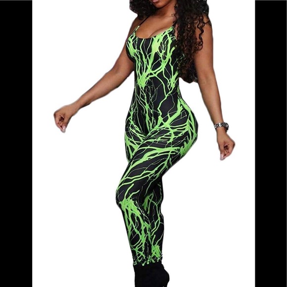 Black bodycon jumpsuit with green print - Picture 1 of 1